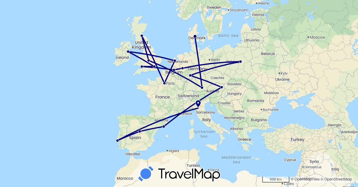TravelMap itinerary: driving in Austria, Belgium, Germany, Denmark, Spain, France, United Kingdom, Ireland, Italy, Netherlands, Poland, Portugal (Europe)
